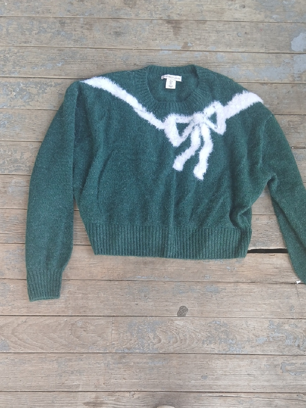 Sincerely Jules 3% Alpaca Green Crewneck Sweater with White Bow Detail